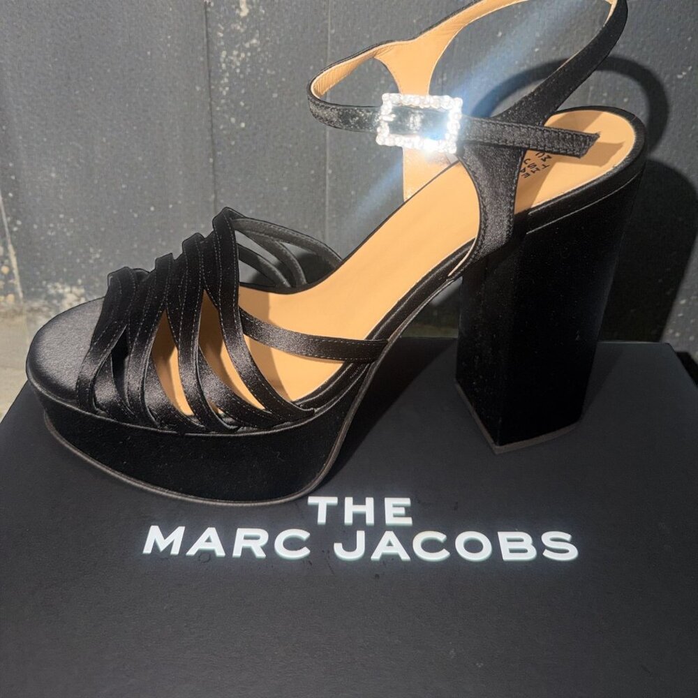 Marc Jacobs The Gram Sandal Women 8.5 Black Satin Formal Heel Platform Prom Open - Picture 2 of 12